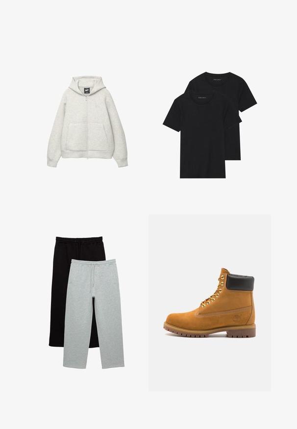 Graue Kapuzenjacke mit Reißverschluss, aus weichem Stoff, mit einer Fronttasche, einer Zugkordel an der Kapuze und einem kleinen Logo im Brustbereich.; Zwei schwarze Baumwoll-T-Shirts mit kurzen Ärmeln, runden Ausschnitten und einer glatten Textur, übereinander gestapelt.; Zwei Hosenpaare: eine schwarze, eine hellgraue. Beide aus weichem Stoff, verfügen über einen elastischen Bund mit Kordelzug und seitlichen Taschen.; Beige Wildleder-Ankle-Boot mit schwarzem gepolstertem Kragen, goldenen Metallösen, weißen Nähdetalben und einer robusten Gummisohle mit ausgeprägtem Profil.