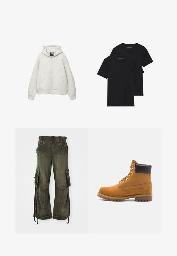 Hanorac gri cu fermoar, confectionat dintr-un material moale, cu un buzunar frontal, gluga cu șnur și un logo mic în zona pieptului.; Două tricouri negre din bumbac cu mâneci scurte, cu guler rotund și o textură netedă, expuse suprapuse.; Pantaloni cargo verde măsliniu din bumbac, cu o croială lejeră, având buzunare laterale, fermoare la gleznă și șnururi la tiv.; Cizmă de gleznă din întoarsă de culoare bej, cu guler negru căptușit, ochiuri din metal auriu, detalii de cusătură albă și talpă din cauciuc robustă, cu un model pronunțat.