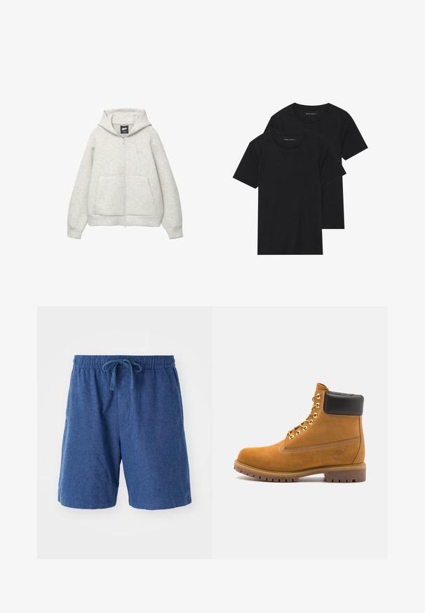 Grå zip-up hoodie lavet af blødt stof med en frontlomme, hætte med snor og et lille logo på brystområdet.; To sorte bomulds t-shirts med korte ærmer, rund halsudskæring og en glat tekstur, vist stablet sammen.; Blå vævede shorts med elastisk talje, snøre lukning og sidelommer. Kort længde med en glat, tekstureret overflade.; Tan nubuck ankelstøvle med sort polstret krave, gyldne metaløjer, hvid syning detaljer og robust gummisål med udtalte slidbaner.
