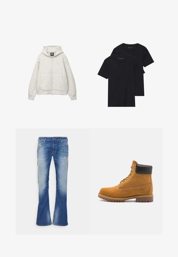 Grijze zip-up hoodie van zachte stof met een voorkantzak, een capuchon met trekkoord en een klein logo op de borst.; Twee zwarte katoenen t-shirts met korte mouwen, ronde halslijnen en een gladde textuur, gepresenteerd op elkaar gestapeld.; Blauwe vervaagde bootcut jeans met lichte slijtage op de voorkant van de bovenbenen en een klassieke vijfzakkenontwerp op een witte achtergrond.; Tan suède enkelboot met zwart gevoerd kraagje, gouden metalen oogjes, witte stikdetails en een robuuste rubberen zool met uitgesproken profiel.