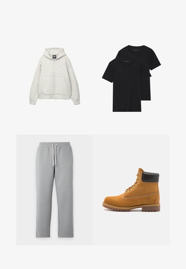 Gray zip-up hoodie made of soft fabric with a front pocket, a drawstring hood, and a small logo on the chest area.; Two black cotton t-shirts with short sleeves, round necklines, and a smooth texture, displayed stacked together.; Gray sweatpants made of soft fabric, featuring an elastic waistband with white drawstrings, straight legs, and no visible pockets.; Tan suede ankle boot with black padded collar, gold metal eyelets, white stitching detailing, and rugged rubber sole with pronounced treads.