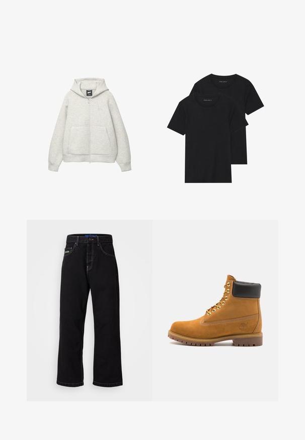 Grå zip-up huvtröja av mjukt material med en framficka, justerbar huva och en liten logga på bröstet.; Två svarta bomull t-shirts med korta ärmar, rund halsringning och en mjuk textur, visas staplade tillsammans.; Svarta denimbyxor med raka ben, med kontrasterande sömmar och en sidficka. Framträdande grönt märke på den vänstra framfickan.; Tan mockasins ankelstövlar med svart vadderad krage, guldmetallöglor, vit sömdekor och slitstöt gummisula med utmärkta mönster.