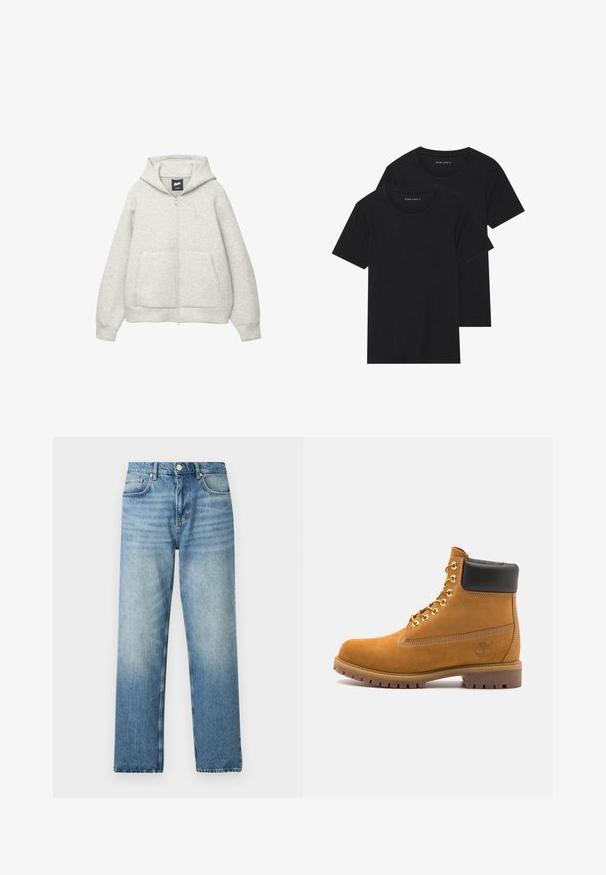 Grå zip-up huvtröja av mjukt material med en framficka, justerbar huva och en liten logga på bröstet.; Två svarta bomull t-shirts med korta ärmar, rund halsringning och en mjuk textur, visas staplade tillsammans.; Ljusblå denimjeans med rak skärning, med knapplåsning, fem fickor och subtil blekning nära fållen. Platt struktur.; Tan mockasins ankelstövlar med svart vadderad krage, guldmetallöglor, vit sömdekor och slitstöt gummisula med utmärkta mönster.