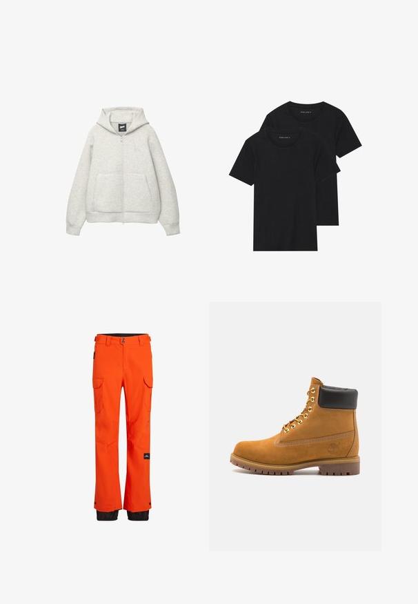 Grå zip-up huvtröja av mjukt material med en framficka, justerbar huva och en liten logga på bröstet.; Två svarta bomull t-shirts med korta ärmar, rund halsringning och en mjuk textur, visas staplade tillsammans.; Orange skidbyxor med vattentåligt tyg, utrustade med flera cargo-fickor och svarta detaljer längst ner för hållbarhet.; Tan mockasins ankelstövlar med svart vadderad krage, guldmetallöglor, vit sömdekor och slitstöt gummisula med utmärkta mönster.