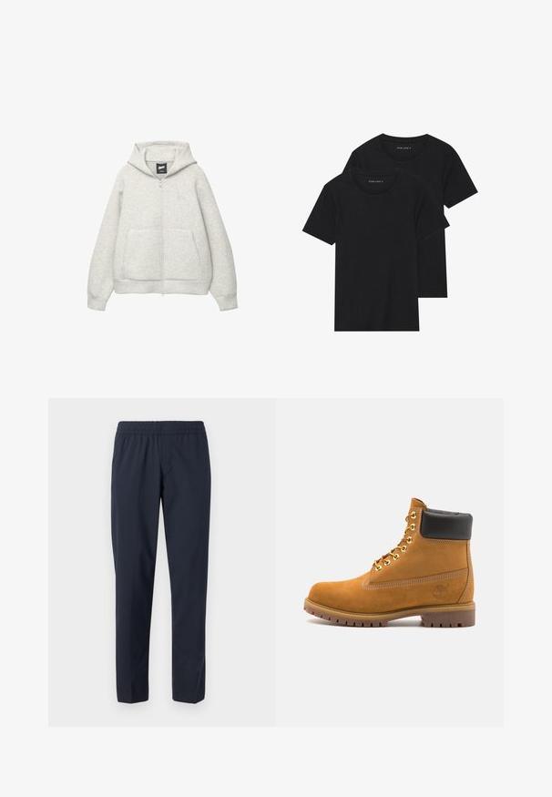 Szara bluza z kapturem na zamek, wykonana z miękkiego materiału, z przednią kieszenią, kapturem z troczkami i małym logiem na klatce piersiowej.; Dwie czarne bawełniane koszulki z krótkimi rękawami, okrągłymi dekoltami i gładką fakturą, wyeksponowane ułożone jedna na drugiej.; Granatowe spodnie z elastycznym pasem, prostymi nogawkami, lekkim materiałem oraz bez widocznych kieszeni czy ozdób.; Beżowe zamszowe botki sięgające kostki z czarną wyściełaną krawędzią, złotymi oczkami, białymi detalami szycia oraz wytrzymałą gumową podeszwą z wyraźnym bieżnikiem.