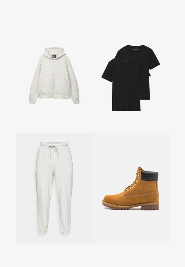 Grijze zip-up hoodie van zachte stof met een voorkantzak, een capuchon met trekkoord en een klein logo op de borst.; Twee zwarte katoenen t-shirts met korte mouwen, ronde halslijnen en een gladde textuur, gepresenteerd op elkaar gestapeld.; Lichtgrijze sweatpants met een elastische tailleband, trekkoord en taps toelopende boorden. Gemaakt van zachte, gestructureerde stof. Geen zichtbare patronen.; Tan suède enkelboot met zwart gevoerd kraagje, gouden metalen oogjes, witte stikdetails en een robuuste rubberen zool met uitgesproken profiel.