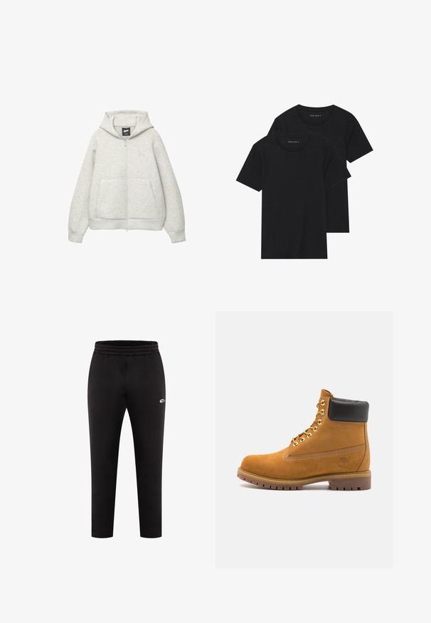 Grijze zip-up hoodie van zachte stof met een voorkantzak, een capuchon met trekkoord en een klein logo op de borst.; Twee zwarte katoenen t-shirts met korte mouwen, ronde halslijnen en een gladde textuur, gepresenteerd op elkaar gestapeld.; Zwarte sportbroek met een elastische tailleband en enkelboorden. Voorzien van een klein wit logo aan de linkerkant. Gemaakt van zachte, rekbare stof.; Tan suède enkelboot met zwart gevoerd kraagje, gouden metalen oogjes, witte stikdetails en een robuuste rubberen zool met uitgesproken profiel.
