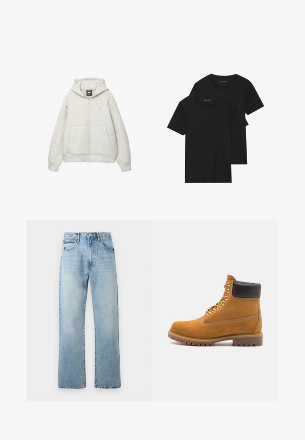 Felpa grigia con zip realizzata in tessuto morbido, dotata di tasca frontale, cappuccio regolabile con cordino e un piccolo logo nella zona del petto.; Due magliette nere di cotone a maniche corte, con scollatura rotonda e una texture liscia, esposte impilate insieme.; Jeans di denim azzurro chiaro con gambe larghe e dritte, design a cinque tasche e vita con passanti per cintura. Il tessuto mostra una texture leggermente sbiadita.; Stivale alla caviglia in suede tan con collare imbottito nero, occhielli in metallo dorato, dettagli in cucitura bianca e suola in gomma robusta con battistrada pronunciato.