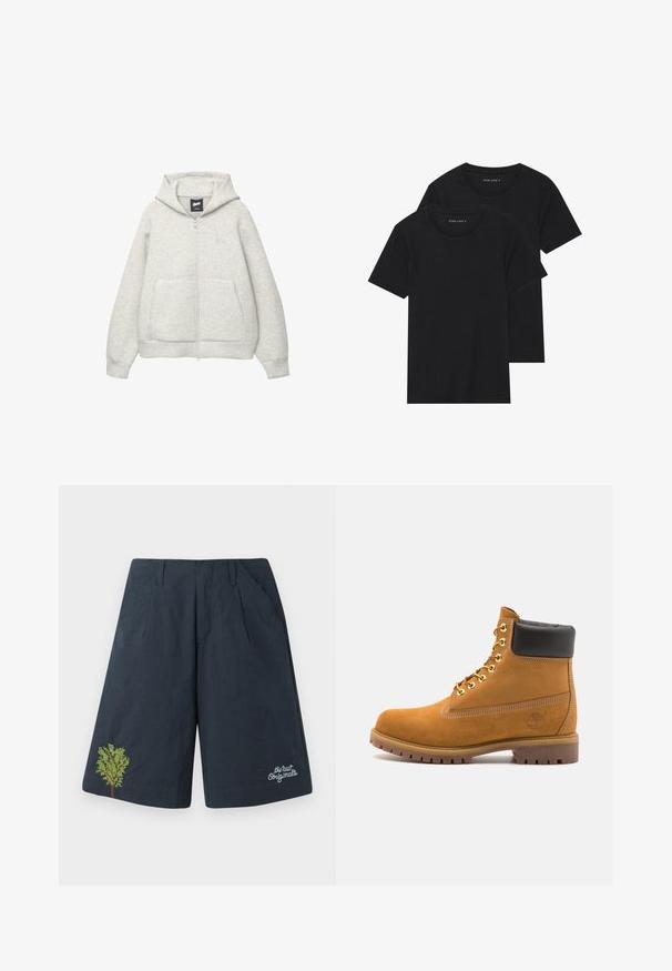 Grå zip-up huvtröja av mjukt material med en framficka, justerbar huva och en liten logga på bröstet.; Två svarta bomull t-shirts med korta ärmar, rund halsringning och en mjuk textur, visas staplade tillsammans.; Marinblå shorts gjorda av lättviktsmaterial, med en grön broderad träddesign och vit skriptlogotyp längst ner till höger.; Tan mockasins ankelstövlar med svart vadderad krage, guldmetallöglor, vit sömdekor och slitstöt gummisula med utmärkta mönster.