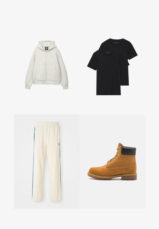 Szara bluza z kapturem na zamek, wykonana z miękkiego materiału, z przednią kieszenią, kapturem z troczkami i małym logiem na klatce piersiowej.; Dwie czarne bawełniane koszulki z krótkimi rękawami, okrągłymi dekoltami i gładką fakturą, wyeksponowane ułożone jedna na drugiej.; Spodnie dresowe w kolorze kremowym o teksturowanym wykończeniu, z ciemnozielonymi paskami po bokach i elastycznym paskiem w talii. Ikoniczne logo na biodrze.; Beżowe zamszowe botki sięgające kostki z czarną wyściełaną krawędzią, złotymi oczkami, białymi detalami szycia oraz wytrzymałą gumową podeszwą z wyraźnym bieżnikiem.
