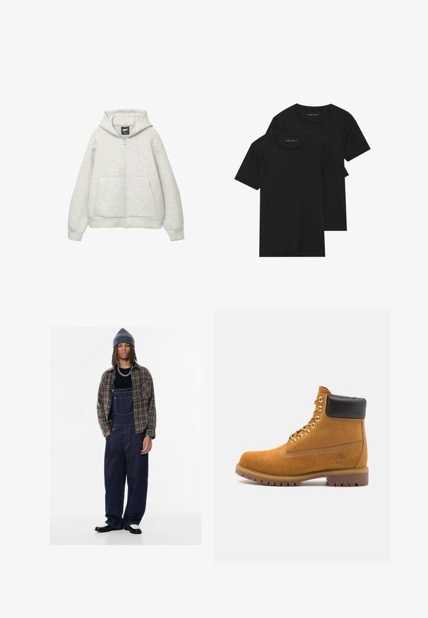 Felpa grigia con zip realizzata in tessuto morbido, dotata di tasca frontale, cappuccio regolabile con cordino e un piccolo logo nella zona del petto.; Due magliette nere di cotone a maniche corte, con scollatura rotonda e una texture liscia, esposte impilate insieme.; Pettorina in denim di colore blu scuro con tasche laterali, indossata con una maglietta nera e una camicia a quadri marrone. Berretto lavorato a maglia grigio e scarpe a contrasto.; Stivale alla caviglia in suede tan con collare imbottito nero, occhielli in metallo dorato, dettagli in cucitura bianca e suola in gomma robusta con battistrada pronunciato.