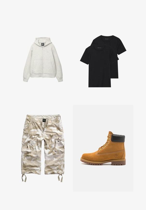 Hanorac gri cu fermoar, confectionat dintr-un material moale, cu un buzunar frontal, gluga cu șnur și un logo mic în zona pieptului.; Două tricouri negre din bumbac cu mâneci scurte, cu guler rotund și o textură netedă, expuse suprapuse.; Șorturi cargo bej cu camuflaj, având multiple buzunare, închidere cu nasture și șnururi la tiv, fabricate dintr-o țesătură ușoară și durabilă.; Cizmă de gleznă din întoarsă de culoare bej, cu guler negru căptușit, ochiuri din metal auriu, detalii de cusătură albă și talpă din cauciuc robustă, cu un model pronunțat.