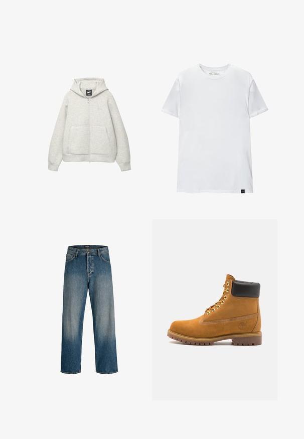 Szara bluza z kapturem na zamek, wykonana z miękkiego materiału, z przednią kieszenią, kapturem z troczkami i małym logiem na klatce piersiowej.; Biała koszulka dopasowana z bawełny. Okrągły dekolt, krótkie rękawy, gładka faktura. Mała czarna metka z logo na dole. Prosty design.; Niebieskie dżinsy o luźnym kroju, prostych nogawkach, delikatnym jaśnieniu oraz metce z logo na pasku.; Beżowe zamszowe botki sięgające kostki z czarną wyściełaną krawędzią, złotymi oczkami, białymi detalami szycia oraz wytrzymałą gumową podeszwą z wyraźnym bieżnikiem.