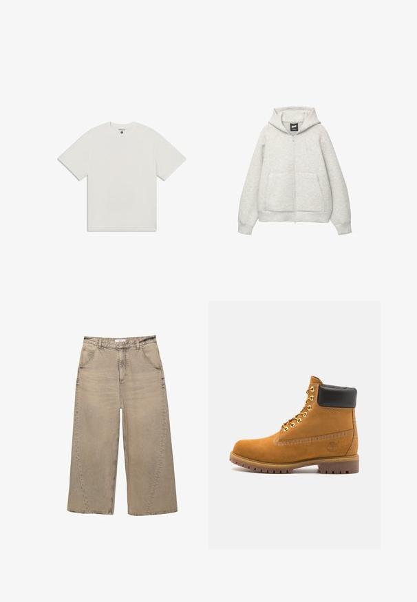 Grijze zip-up hoodie van zachte stof met een voorkantzak, een capuchon met trekkoord en een klein logo op de borst.; Witte T-shirt met korte mouwen van zachte katoen. Heeft een ronde halslijn en een ontspannen pasvorm. Minimale branding zichtbaar onder de kraag.; PULL&BEAR MEGA BAGGY - Baggy jeans - light grey; Tan suède enkelboot met zwart gevoerd kraagje, gouden metalen oogjes, witte stikdetails en een robuuste rubberen zool met uitgesproken profiel.