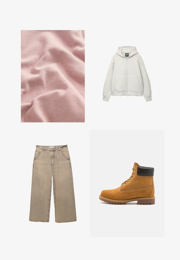 Grå zip-up hoodie lavet af blødt stof med en frontlomme, hætte med snor og et lille logo på brystområdet.; Blød, tekstureret pink stof med et strikket mønster, der viser bløde folder og draperinger. Ideelt til tøj eller bløde møbler.; PULL&BEAR MEGA BAGGY - Baggy jeans - light grey; Tan nubuck ankelstøvle med sort polstret krave, gyldne metaløjer, hvid syning detaljer og robust gummisål med udtalte slidbaner.