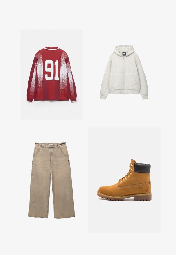 Grå zip-up hoodie lavet af blødt stof med en frontlomme, hætte med snor og et lille logo på brystområdet.; Rød sweater med en hvidstribet krave, falmede hvide mønstre og et stort hvidt '91' trykt på ryggen.; PULL&BEAR MEGA BAGGY - Baggy jeans - light grey; Tan nubuck ankelstøvle med sort polstret krave, gyldne metaløjer, hvid syning detaljer og robust gummisål med udtalte slidbaner.