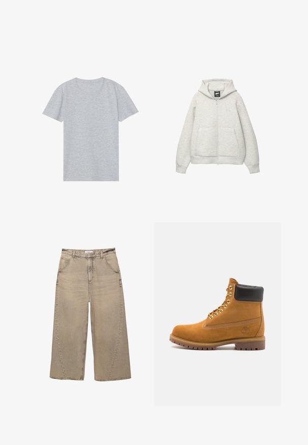 Grå zip-up hoodie lavet af blødt stof med en frontlomme, hætte med snor og et lille logo på brystområdet.; Grå kortærmet t-shirt lavet af blødt bomuldsblandingsmateriale, med en klassisk rund halsudskæring og en glat, let tekstur.; PULL&BEAR MEGA BAGGY - Baggy jeans - light grey; Tan nubuck ankelstøvle med sort polstret krave, gyldne metaløjer, hvid syning detaljer og robust gummisål med udtalte slidbaner.