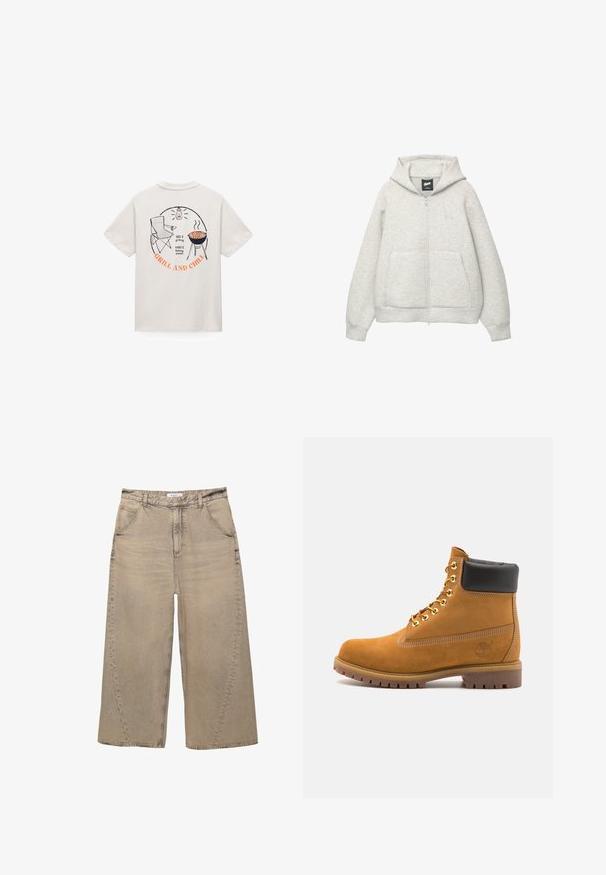 Grå zip-up hoodie lavet af blødt stof med en frontlomme, hætte med snor og et lille logo på brystområdet.; Hvid T-shirt med rygtryk, der viser en klapstol, grill med pølser, lanterne og teksten "425°F grilling, 600°F bagning af pizzaer, GRILL OG CHILL."; PULL&BEAR MEGA BAGGY - Baggy jeans - light grey; Tan nubuck ankelstøvle med sort polstret krave, gyldne metaløjer, hvid syning detaljer og robust gummisål med udtalte slidbaner.