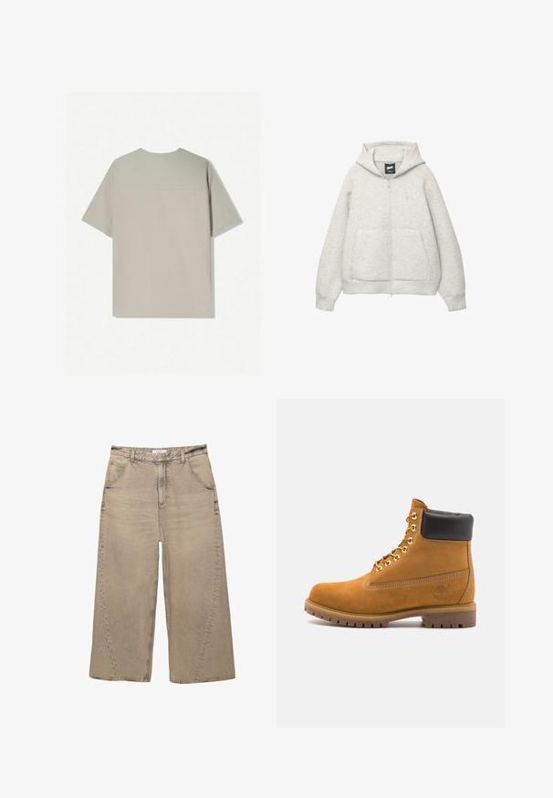 Grå zip-up hoodie lavet af blødt stof med en frontlomme, hætte med snor og et lille logo på brystområdet.; Beige bomulds T-shirt med korte ærmer. Har et enkelt design og en rund halsudskæring. Glat tekstur med minimal syning på bagsiden.; PULL&BEAR MEGA BAGGY - Baggy jeans - light grey; Tan nubuck ankelstøvle med sort polstret krave, gyldne metaløjer, hvid syning detaljer og robust gummisål med udtalte slidbaner.
