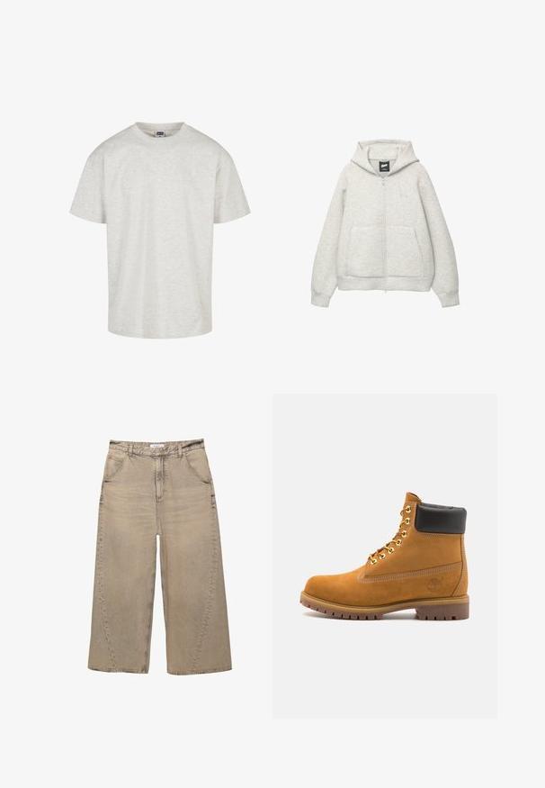 Grijze zip-up hoodie van zachte stof met een voorkantzak, een capuchon met trekkoord en een klein logo op de borst.; Lichtgrijze katoenen T-shirt met korte mouwen, een ronde hals en een relaxte pasvorm. Geweven stof met een subtiel gemêleerd patroon.; PULL&BEAR MEGA BAGGY - Baggy jeans - light grey; Tan suède enkelboot met zwart gevoerd kraagje, gouden metalen oogjes, witte stikdetails en een robuuste rubberen zool met uitgesproken profiel.