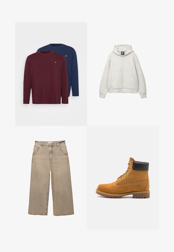 Grå zip-up huvtröja av mjukt material med en framficka, justerbar huva och en liten logga på bröstet.; Pier One 2 PACK - Långärmad tröja - bordeaux/dark blue; PULL&BEAR MEGA BAGGY - Baggy jeans - light grey; Tan mockasins ankelstövlar med svart vadderad krage, guldmetallöglor, vit sömdekor och slitstöt gummisula med utmärkta mönster.