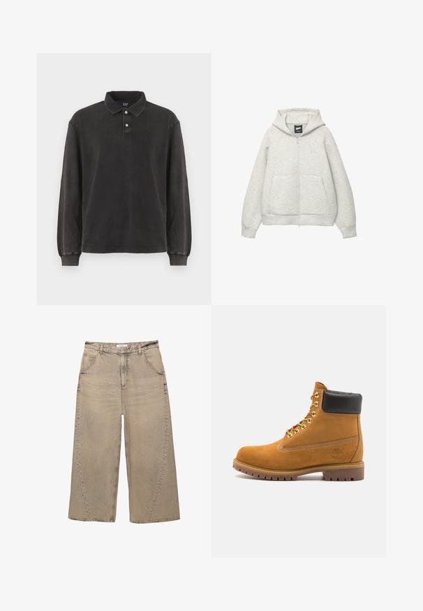 Felpa grigia con zip realizzata in tessuto morbido, dotata di tasca frontale, cappuccio regolabile con cordino e un piccolo logo nella zona del petto.; Polo a maniche lunghe in tessuto grigio scuro, con colletto classico, patta con tre bottoni e polsini a costine. Texture morbida con design minimale.; PULL&BEAR MEGA BAGGY - Jeans baggy - light grey; Stivale alla caviglia in suede tan con collare imbottito nero, occhielli in metallo dorato, dettagli in cucitura bianca e suola in gomma robusta con battistrada pronunciato.