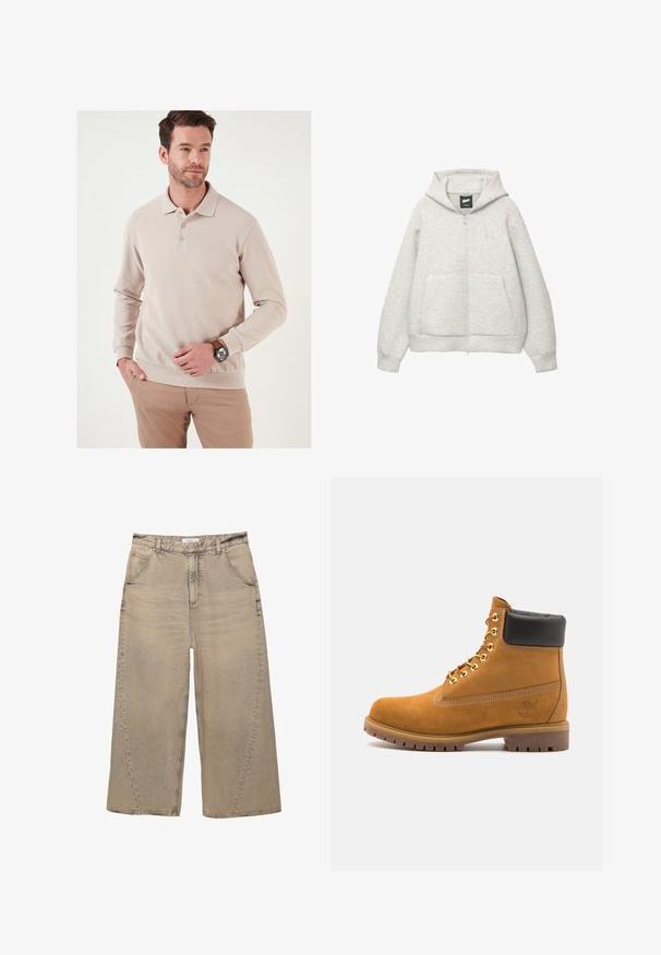 Felpa grigia con zip realizzata in tessuto morbido, dotata di tasca frontale, cappuccio regolabile con cordino e un piccolo logo nella zona del petto.; Polo beige a maniche lunghe con texture rigata, placket con tre bottoni e orlo aderente. Indossato con pantaloni chiari e un orologio.; PULL&BEAR MEGA BAGGY - Jeans baggy - light grey; Stivale alla caviglia in suede tan con collare imbottito nero, occhielli in metallo dorato, dettagli in cucitura bianca e suola in gomma robusta con battistrada pronunciato.