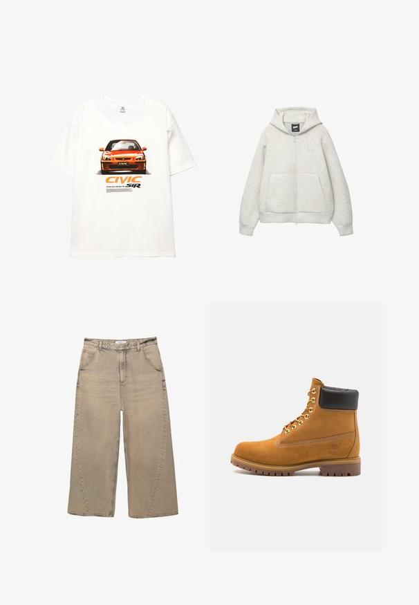 Hanorac gri cu fermoar, confectionat dintr-un material moale, cu un buzunar frontal, gluga cu șnur și un logo mic în zona pieptului.; Tricou alb cu un grafic al unei Honda Civic roșii, având textul "CIVIC" și "SiR" în portocaliu îndrăzneț, și text descriptiv sub imagine.; PULL&BEAR MEGA BAGGY - Blugi largi - light grey; Cizmă de gleznă din întoarsă de culoare bej, cu guler negru căptușit, ochiuri din metal auriu, detalii de cusătură albă și talpă din cauciuc robustă, cu un model pronunțat.
