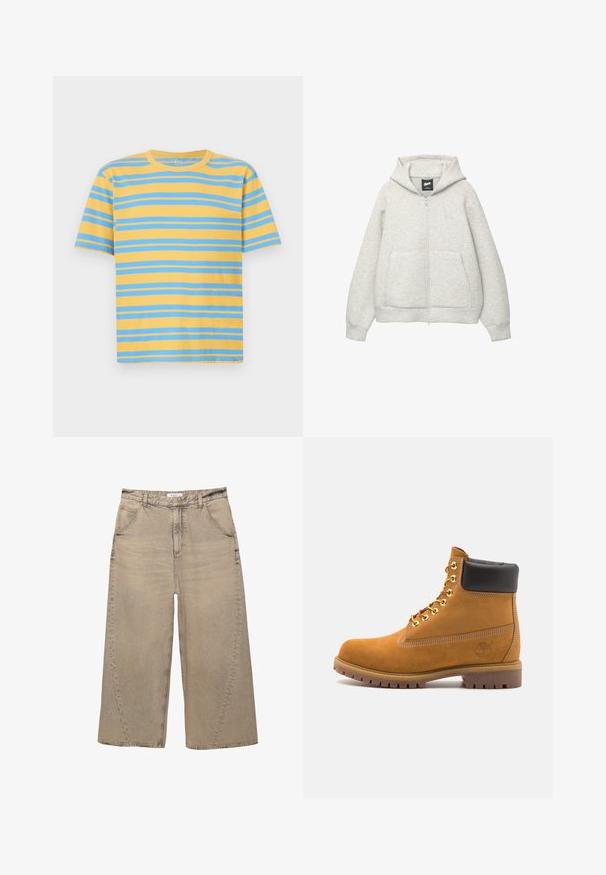 Grå zip-up hoodie lavet af blødt stof med en frontlomme, hætte med snor og et lille logo på brystområdet.; Stribet t-shirt i gul og blå, lavet af bomuld. Har en klassisk rund hals, korte ærmer og ligeledes vandrette striber.; PULL&BEAR MEGA BAGGY - Baggy jeans - light grey; Tan nubuck ankelstøvle med sort polstret krave, gyldne metaløjer, hvid syning detaljer og robust gummisål med udtalte slidbaner.