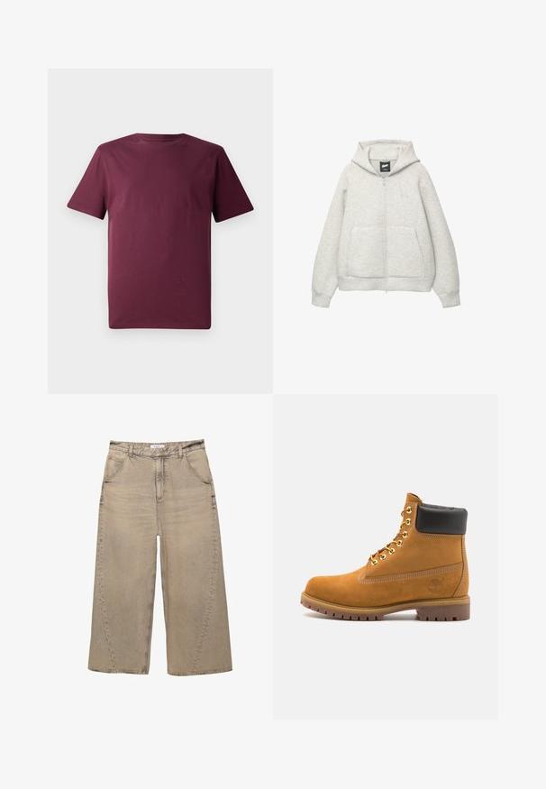 Graue Kapuzenjacke mit Reißverschluss, aus weichem Stoff, mit einer Fronttasche, einer Zugkordel an der Kapuze und einem kleinen Logo im Brustbereich.; Bordeauxfarbenes kurzärmliges T-Shirt, gefertigt aus glattem Baumwollstoff, mit klassischem Rundhalsausschnitt und lockerem Schnitt ohne sichtbare Muster oder Akzente.; PULL&BEAR MEGA BAGGY - Baggy Jeans - light grey; Beige Wildleder-Ankle-Boot mit schwarzem gepolstertem Kragen, goldenen Metallösen, weißen Nähdetalben und einer robusten Gummisohle mit ausgeprägtem Profil.