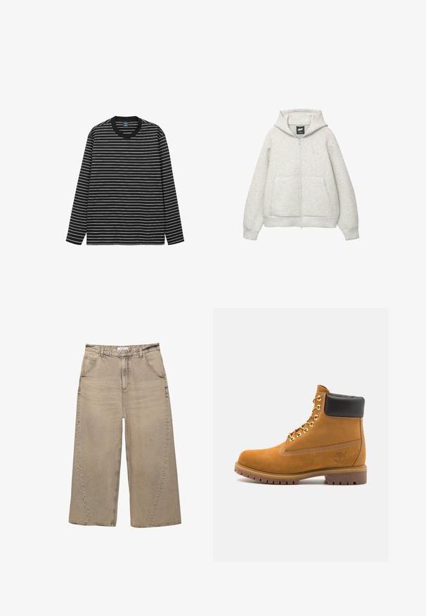 Graue Kapuzenjacke mit Reißverschluss, aus weichem Stoff, mit einer Fronttasche, einer Zugkordel an der Kapuze und einem kleinen Logo im Brustbereich.; Langärmliges T-Shirt mit schwarz-weißen Streifen aus weicher Baumwolle. Es hat einen Rundhalsausschnitt und einen kontrastierenden schwarzen Rippkragen.; PULL&BEAR MEGA BAGGY - Baggy Jeans - light grey; Beige Wildleder-Ankle-Boot mit schwarzem gepolstertem Kragen, goldenen Metallösen, weißen Nähdetalben und einer robusten Gummisohle mit ausgeprägtem Profil.