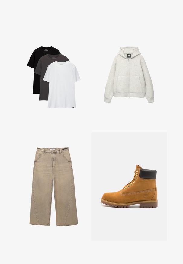 Grå zip-up hoodie lavet af blødt stof med en frontlomme, hætte med snor og et lille logo på brystområdet.; Tre regular-fit t-shirts stablet. Farver: sort, mørkegrå og hvid. Fremstillet af bomuldsmateriale med korte ærmer og rund hals. Minimal branding.; PULL&BEAR MEGA BAGGY - Baggy jeans - light grey; Tan nubuck ankelstøvle med sort polstret krave, gyldne metaløjer, hvid syning detaljer og robust gummisål med udtalte slidbaner.