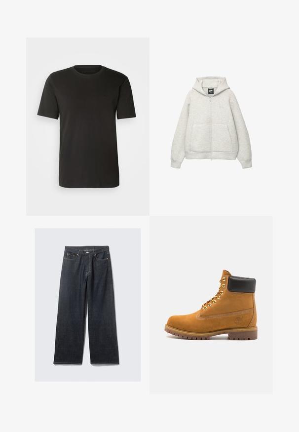 Grå zip-up hoodie lavet af blødt stof med en frontlomme, hætte med snor og et lille logo på brystområdet.; Sort bomulds t-shirt med klassisk rund hals og korteærmer, med en diskret logo på brystet, glat tekstur.; Mørke denim brede bukser med høj talje, der har kontrasterende orange syninger, fem lommer og en frontknaplukning.; Tan nubuck ankelstøvle med sort polstret krave, gyldne metaløjer, hvid syning detaljer og robust gummisål med udtalte slidbaner.