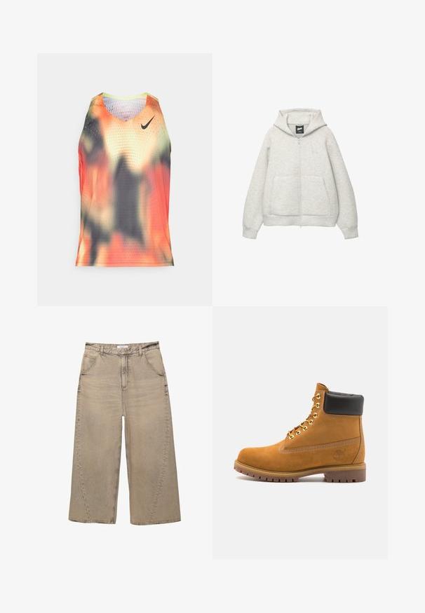 Graue Kapuzenjacke mit Reißverschluss, aus weichem Stoff, mit einer Fronttasche, einer Zugkordel an der Kapuze und einem kleinen Logo im Brustbereich.; Herren ärmelloses Shirt aus leichtem Mesh-Gewebe in orange, schwarz und grauem abstraktem Muster; verfügt über das Nike-Logo und eine perforierte Textur.; PULL&BEAR MEGA BAGGY - Baggy Jeans - light grey; Beige Wildleder-Ankle-Boot mit schwarzem gepolstertem Kragen, goldenen Metallösen, weißen Nähdetalben und einer robusten Gummisohle mit ausgeprägtem Profil.