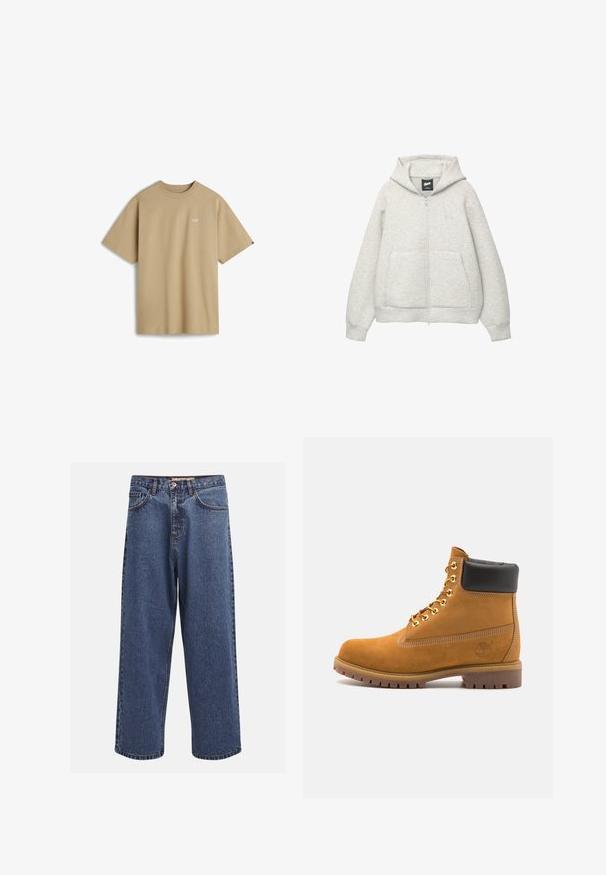 Szara bluza z kapturem na zamek, wykonana z miękkiego materiału, z przednią kieszenią, kapturem z troczkami i małym logiem na klatce piersiowej.; Beżowa koszulka z krótkim rękawem, wykonana z bawełny, z małym białym logo po lewej stronie klatki piersiowej i okrągłym dekoltem. Prosty i niezdobiony design.; Szerokie niebieskie dżinsy z efektem sprania, z zipem na guziki, pięcioma kieszeniami i kontrastowymi szwami.; Beżowe zamszowe botki sięgające kostki z czarną wyściełaną krawędzią, złotymi oczkami, białymi detalami szycia oraz wytrzymałą gumową podeszwą z wyraźnym bieżnikiem.