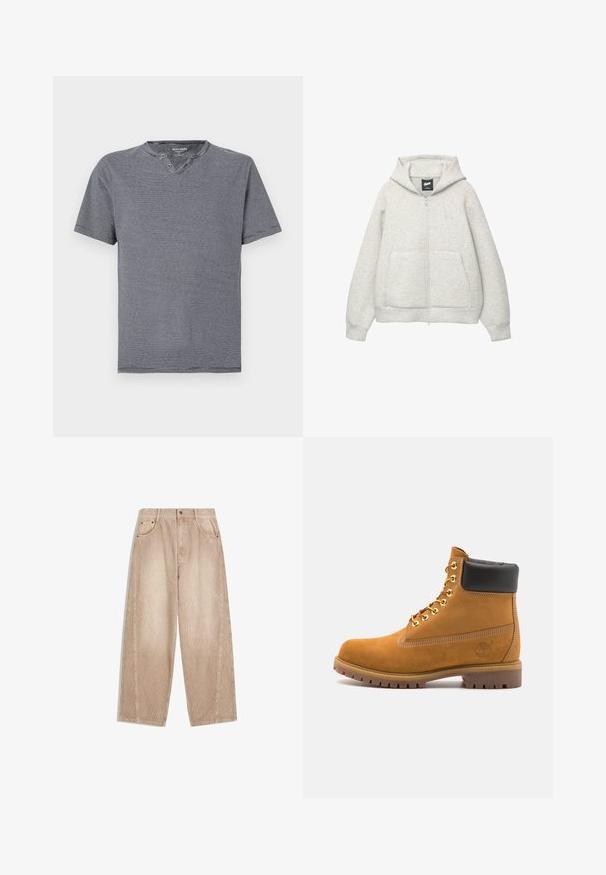Grijze zip-up hoodie van zachte stof met een voorkantzak, een capuchon met trekkoord en een klein logo op de borst.; Korte mouwen, marineblauw en wit gestreept T-shirt met een ronde hals en twee knopen, vervaardigd van zachte katoenstof.; Beige corduroy wijde broek met verticale ribbels, voorzien van zijzakken, ri loopingen en een ritssluiting met knoopsluiting.; Tan suède enkelboot met zwart gevoerd kraagje, gouden metalen oogjes, witte stikdetails en een robuuste rubberen zool met uitgesproken profiel.