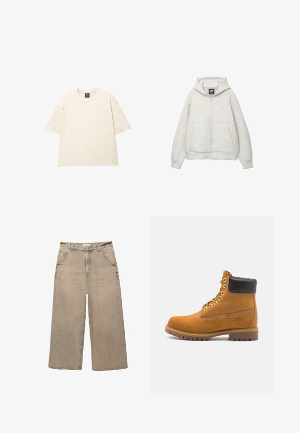 Grå zip-up hoodie lavet af blødt stof med en frontlomme, hætte med snor og et lille logo på brystområdet.; Overdimensioneret beige T-shirt lavet af blød bomuld, med rund hals, korte ærmer og ren, enkel syning. Ingen mønstre eller grafik.; PULL&BEAR MEGA BAGGY - Baggy jeans - light grey; Tan nubuck ankelstøvle med sort polstret krave, gyldne metaløjer, hvid syning detaljer og robust gummisål med udtalte slidbaner.