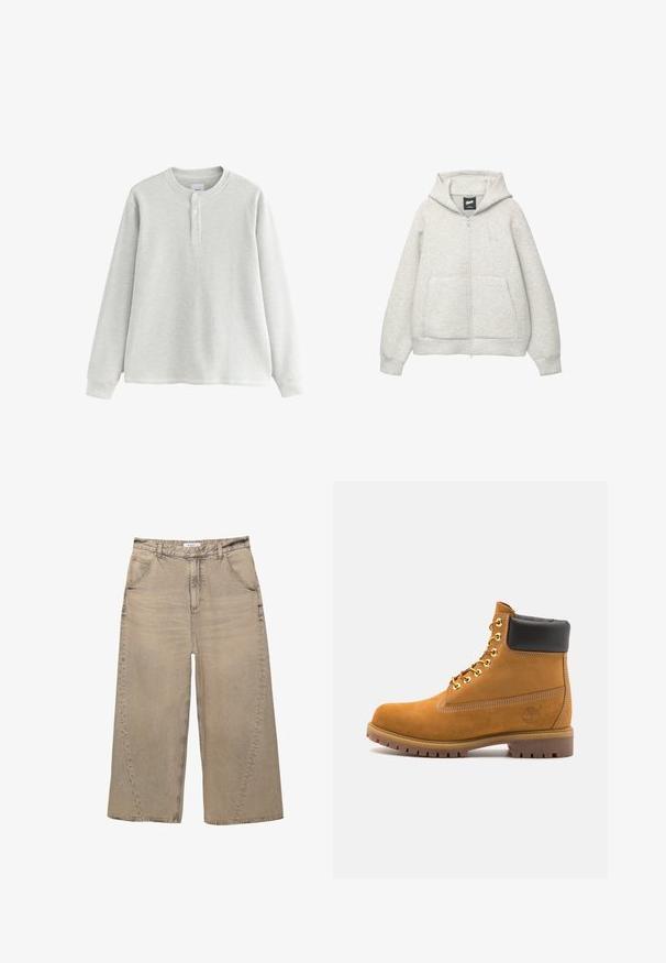 Graue Kapuzenjacke mit Reißverschluss, aus weichem Stoff, mit einer Fronttasche, einer Zugkordel an der Kapuze und einem kleinen Logo im Brustbereich.; Hellgraues langärmeliges Hemd mit geripptem Textur, Rundhalsausschnitt und einer dreiknöpfigen Blendenverzierung am Kragen.; PULL&BEAR MEGA BAGGY - Baggy Jeans - light grey; Beige Wildleder-Ankle-Boot mit schwarzem gepolstertem Kragen, goldenen Metallösen, weißen Nähdetalben und einer robusten Gummisohle mit ausgeprägtem Profil.