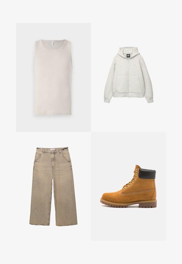 Grijze zip-up hoodie van zachte stof met een voorkantzak, een capuchon met trekkoord en een klein logo op de borst.; Lichtbeige tanktop van zacht katoen, met een ronde halslijn en zonder mouwen, met een gladde, geribbelde textuur.; PULL&BEAR MEGA BAGGY - Baggy jeans - light grey; Tan suède enkelboot met zwart gevoerd kraagje, gouden metalen oogjes, witte stikdetails en een robuuste rubberen zool met uitgesproken profiel.