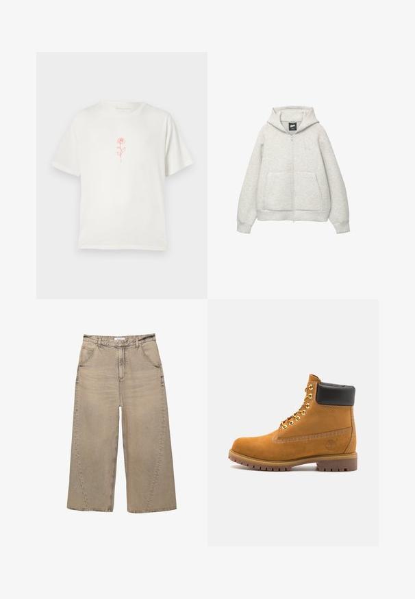Graue Kapuzenjacke mit Reißverschluss, aus weichem Stoff, mit einer Fronttasche, einer Zugkordel an der Kapuze und einem kleinen Logo im Brustbereich.; Cremfarbener T-Shirt mit einem einfachen roten Rosenmotiv in der Mitte, vor einem schlichten weißen Hintergrund.; PULL&BEAR MEGA BAGGY - Baggy Jeans - light grey; Beige Wildleder-Ankle-Boot mit schwarzem gepolstertem Kragen, goldenen Metallösen, weißen Nähdetalben und einer robusten Gummisohle mit ausgeprägtem Profil.