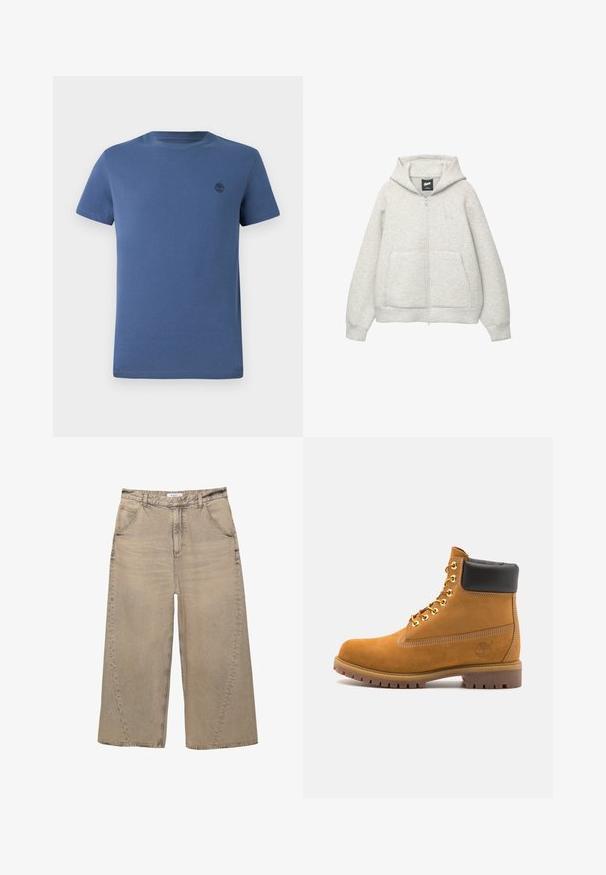 Hanorac gri cu fermoar, confectionat dintr-un material moale, cu un buzunar frontal, gluga cu șnur și un logo mic în zona pieptului.; Tricou cu guler rotund de culoare albastră, realizat din bumbac, cu mâneci scurte și un mic logo întunecat în formă de copac pe zona stângă a pieptului.; PULL&BEAR MEGA BAGGY - Blugi largi - light grey; Cizmă de gleznă din întoarsă de culoare bej, cu guler negru căptușit, ochiuri din metal auriu, detalii de cusătură albă și talpă din cauciuc robustă, cu un model pronunțat.