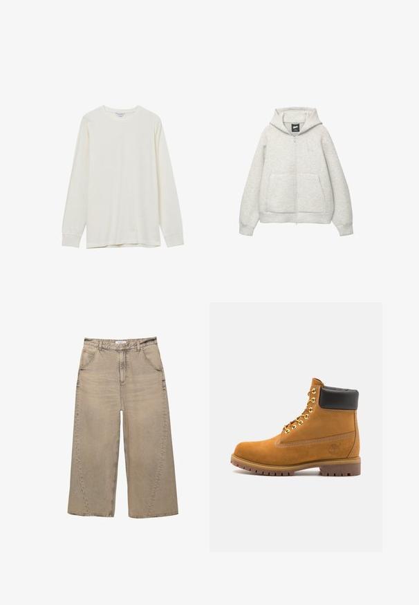 Felpa grigia con zip realizzata in tessuto morbido, dotata di tasca frontale, cappuccio regolabile con cordino e un piccolo logo nella zona del petto.; Maglietta a maniche lunghe, a girocollo, realizzata in morbido tessuto off-white testurizzato, caratterizzata da una vestibilità ampia e polsini a coste. Nessun logo o motivo visibile.; PULL&BEAR MEGA BAGGY - Jeans baggy - light grey; Stivale alla caviglia in suede tan con collare imbottito nero, occhielli in metallo dorato, dettagli in cucitura bianca e suola in gomma robusta con battistrada pronunciato.