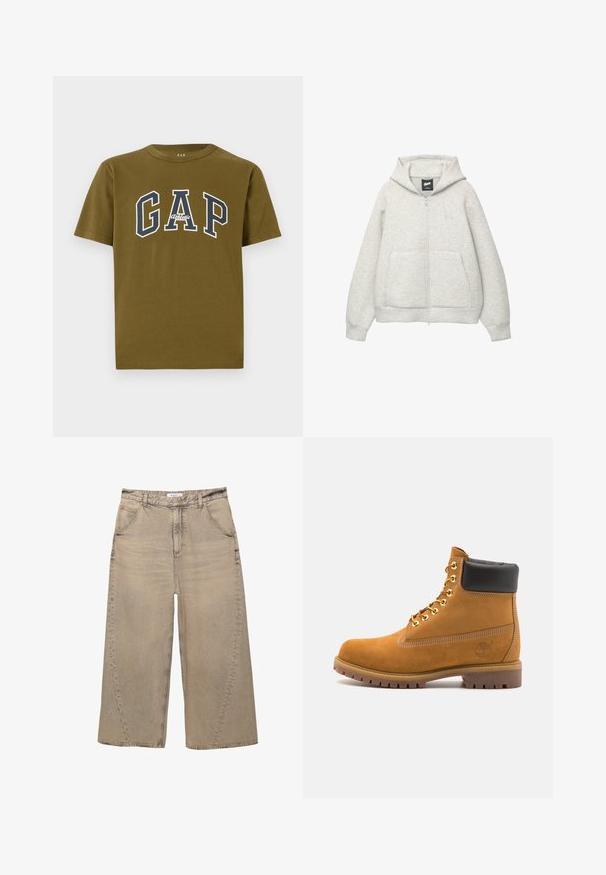 Graue Kapuzenjacke mit Reißverschluss, aus weichem Stoff, mit einer Fronttasche, einer Zugkordel an der Kapuze und einem kleinen Logo im Brustbereich.; Olivgrünes Baumwoll-T-Shirt mit kurzen Ärmeln, das in der Mitte ein weißes und marineblaues "GAP"-Logo sowie den Text "Athletic" zeigt.; PULL&BEAR MEGA BAGGY - Baggy Jeans - light grey; Beige Wildleder-Ankle-Boot mit schwarzem gepolstertem Kragen, goldenen Metallösen, weißen Nähdetalben und einer robusten Gummisohle mit ausgeprägtem Profil.