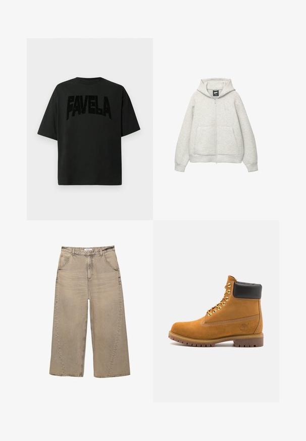 Hanorac gri cu fermoar, confectionat dintr-un material moale, cu un buzunar frontal, gluga cu șnur și un logo mic în zona pieptului.; Tricou negru din bumbac, cu text mare și texturat "FAVELA" pe față. Mâneci scurte, croială lejeră, decolteu rotund, design minimal.; PULL&BEAR MEGA BAGGY - Blugi largi - light grey; Cizmă de gleznă din întoarsă de culoare bej, cu guler negru căptușit, ochiuri din metal auriu, detalii de cusătură albă și talpă din cauciuc robustă, cu un model pronunțat.