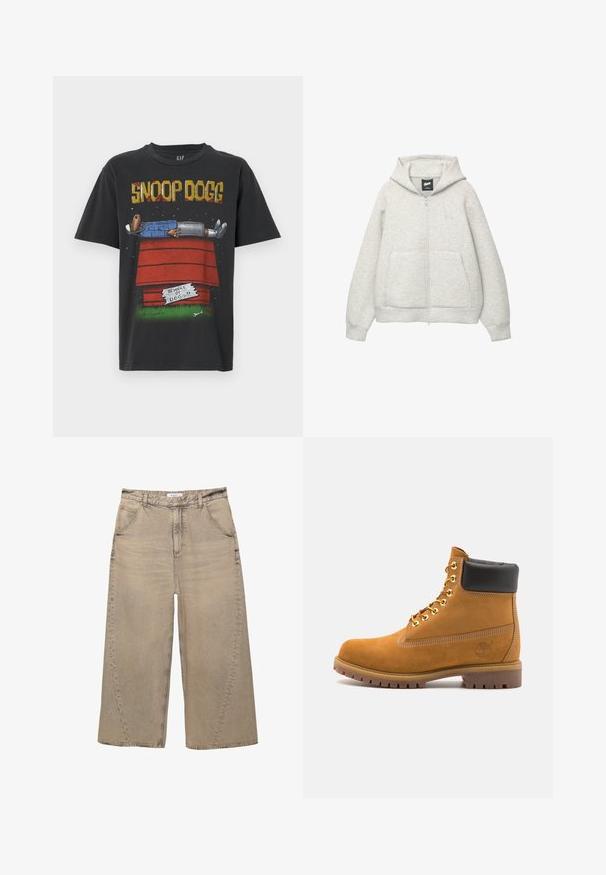 Grå zip-up hoodie lavet af blødt stof med en frontlomme, hætte med snor og et lille logo på brystområdet.; Sort bomulds T-shirt med et farverigt grafik af en karakter, der ligger på et rødt hundehus med teksten "SNOOP DOGG" ovenfor.; PULL&BEAR MEGA BAGGY - Baggy jeans - light grey; Tan nubuck ankelstøvle med sort polstret krave, gyldne metaløjer, hvid syning detaljer og robust gummisål med udtalte slidbaner.
