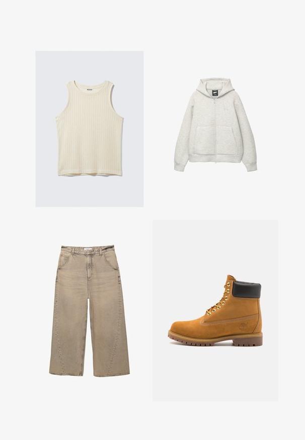 Grijze zip-up hoodie van zachte stof met een voorkantzak, een capuchon met trekkoord en een klein logo op de borst.; Crème-kleurige geribbelde tanktop met een ronde halslijn en brede schouderbanden. Zachte textuur met een eenvoudig ontwerp. Etiket zegt "WEEKDAY."; PULL&BEAR MEGA BAGGY - Baggy jeans - light grey; Tan suède enkelboot met zwart gevoerd kraagje, gouden metalen oogjes, witte stikdetails en een robuuste rubberen zool met uitgesproken profiel.