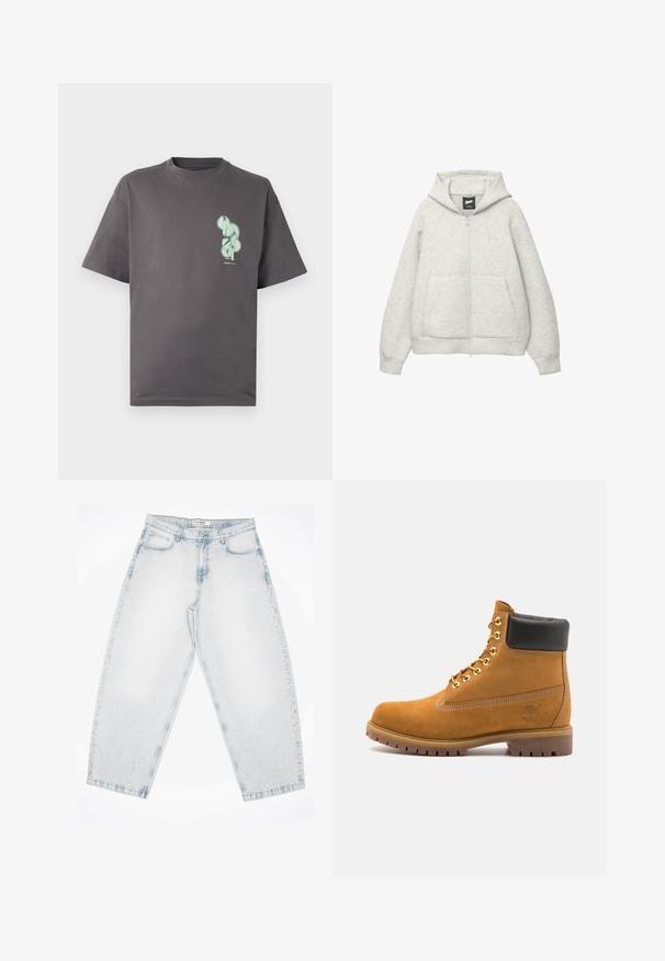 Graue Kapuzenjacke mit Reißverschluss, aus weichem Stoff, mit einer Fronttasche, einer Zugkordel an der Kapuze und einem kleinen Logo im Brustbereich.; Graues Baumwoll-T-Shirt mit Rundhalsausschnitt und kurzen Ärmeln, das ein mintgrünes Grafikdesign im linken Brustbereich zeigt.; Helle blaue Denim-Jeans mit lockerer, baggy Passform. Verfügt über fünf Taschen, Knopfverschluss und genähte Details. Ausgewaschene Textur und gerade Beine.; Beige Wildleder-Ankle-Boot mit schwarzem gepolstertem Kragen, goldenen Metallösen, weißen Nähdetalben und einer robusten Gummisohle mit ausgeprägtem Profil.