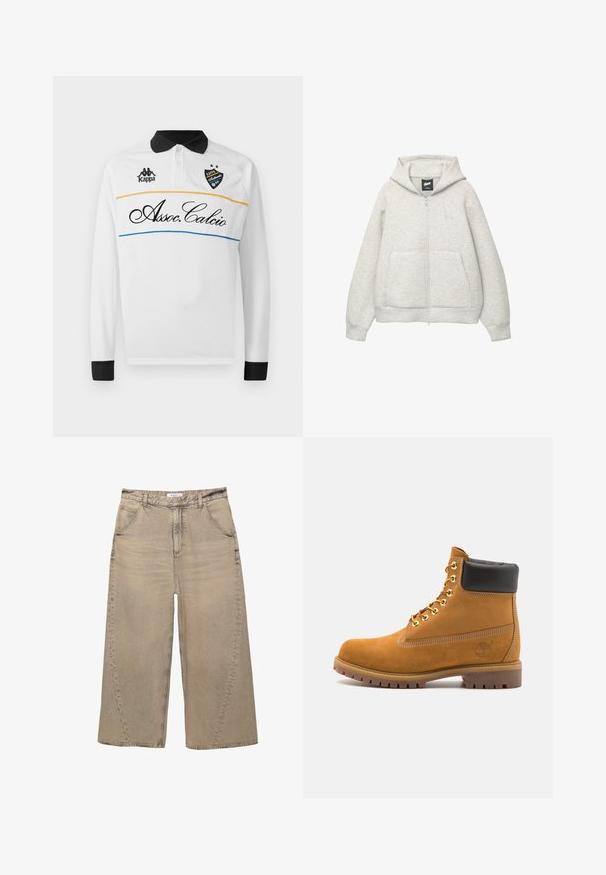 Szara bluza z kapturem na zamek, wykonana z miękkiego materiału, z przednią kieszenią, kapturem z troczkami i małym logiem na klatce piersiowej.; Biała, długa koszula polo z czarnym kołnierzykiem i mankietami. Posiada poziomy wzór z żółtymi i niebieskimi paseczkami. Logo Kappa oraz "Assoc.Calcio" w stylu ręcznym.; PULL&BEAR - Jeansy baggy; Beżowe zamszowe botki sięgające kostki z czarną wyściełaną krawędzią, złotymi oczkami, białymi detalami szycia oraz wytrzymałą gumową podeszwą z wyraźnym bieżnikiem.