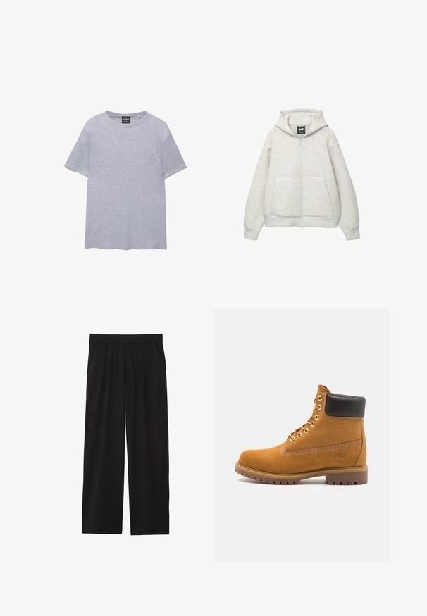 Felpa grigia con zip realizzata in tessuto morbido, dotata di tasca frontale, cappuccio regolabile con cordino e un piccolo logo nella zona del petto.; T-shirt grigio a maniche corte in cotone. Presenta un collo rotondo e una vestibilità rilassata. Design semplice senza motivi o dettagli.; Pantaloni neri a gamba larga con frontale plissettato, tasche laterali e una texture di tessuto liscia. Progettati per un fit comodo.; Stivale alla caviglia in suede tan con collare imbottito nero, occhielli in metallo dorato, dettagli in cucitura bianca e suola in gomma robusta con battistrada pronunciato.