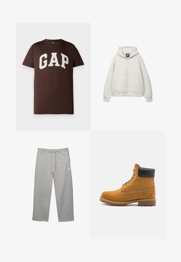 Szara bluza z kapturem na zamek, wykonana z miękkiego materiału, z przednią kieszenią, kapturem z troczkami i małym logiem na klatce piersiowej.; Brązowa bawełniana koszulka z krótkim rękawem z białym logo "GAP" w wyrazistej, akademickiej czcionce. Okrągły dekolt. Gładka tekstura.; Szare dresy wykonane z miękkiego materiału, z elastycznym pasem, regulowanym sznurkiem i bocznymi kieszeniami. Posiadają małe białe logo.; Beżowe zamszowe botki sięgające kostki z czarną wyściełaną krawędzią, złotymi oczkami, białymi detalami szycia oraz wytrzymałą gumową podeszwą z wyraźnym bieżnikiem.